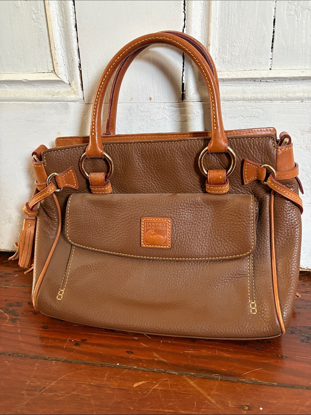 Dooney & Bourke Brown Leather Satchel with Tan Trim